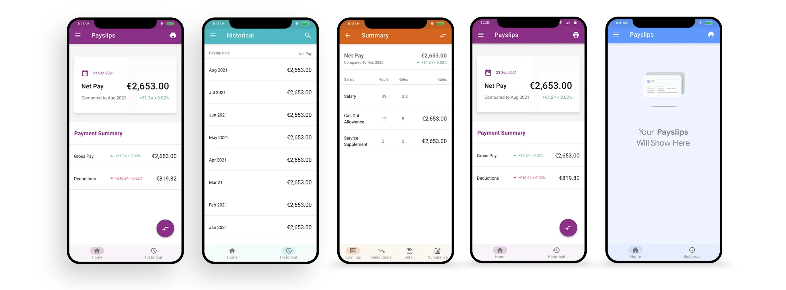 Payslip product screens